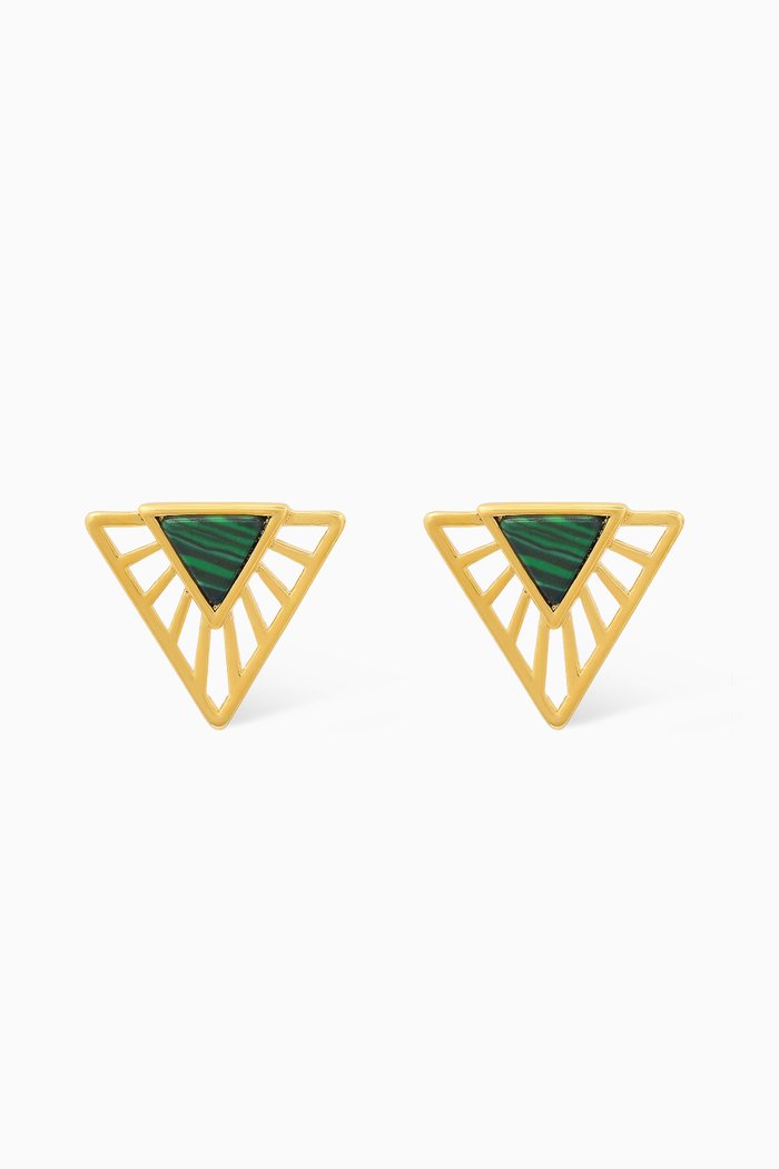 

Fan Shaped Malachite Art Deco Studs in Gold-plated Brass, Green