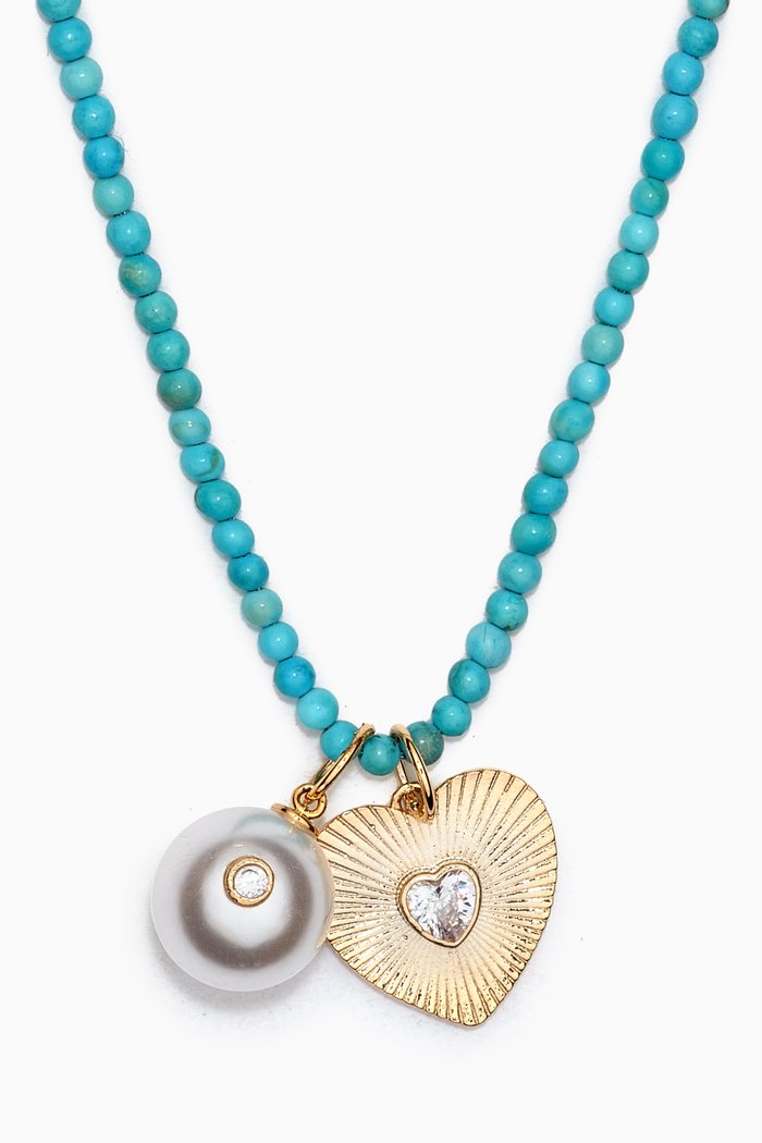 

Pearl & Heart Charm Beaded Necklace, Blue