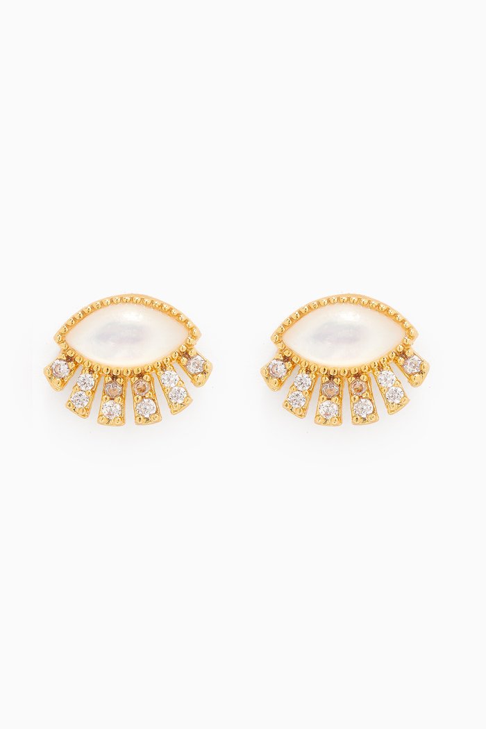 Twinkling Eye Stud Earrings in Gold-plated Brass, White