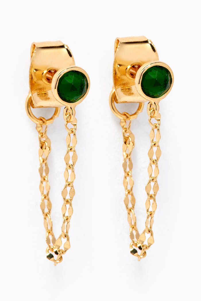 Crystal Chain Earrings in Gold-plated Brass, Green