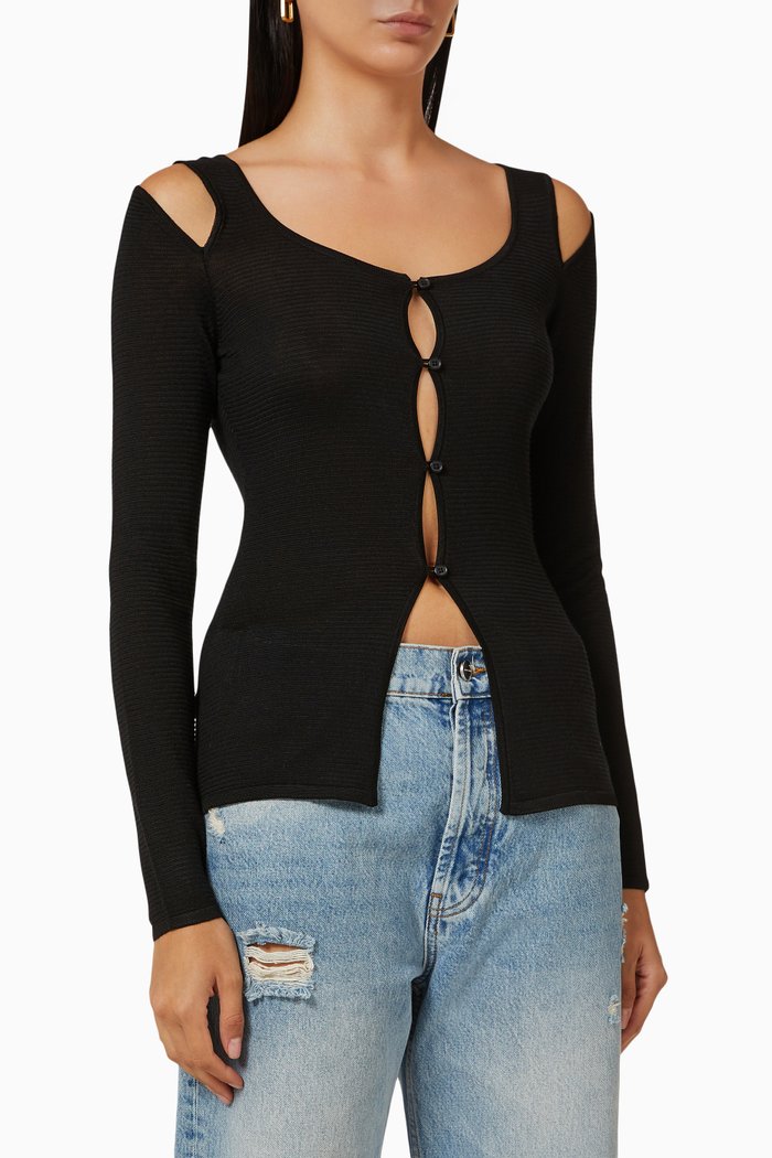 

Amelia Open Button Top in Organic Cotton-blend, Black