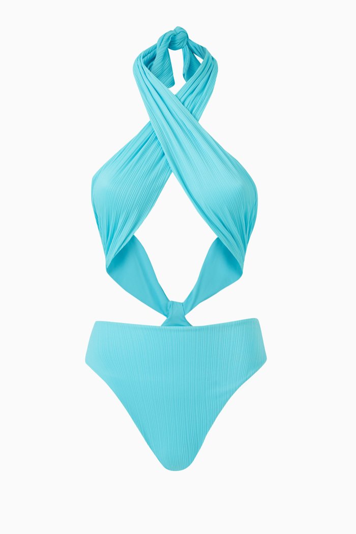 Dorothy Cross Halterneck Swimsuit in Plissé, Blue