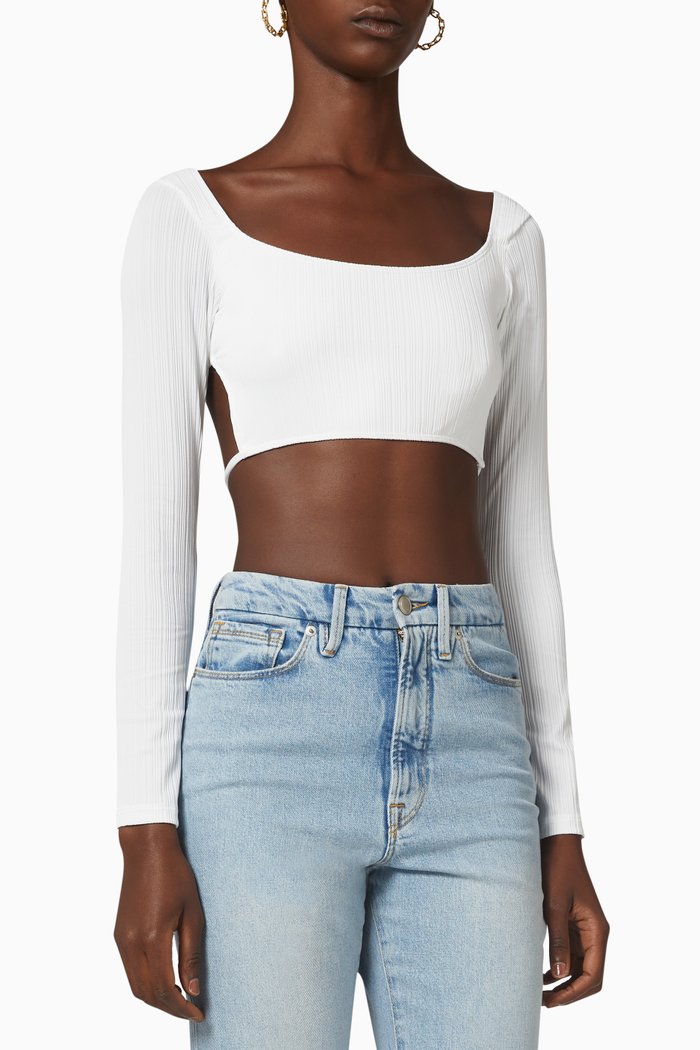 

Piper Long Sleeve Crop Top in Plissé, White