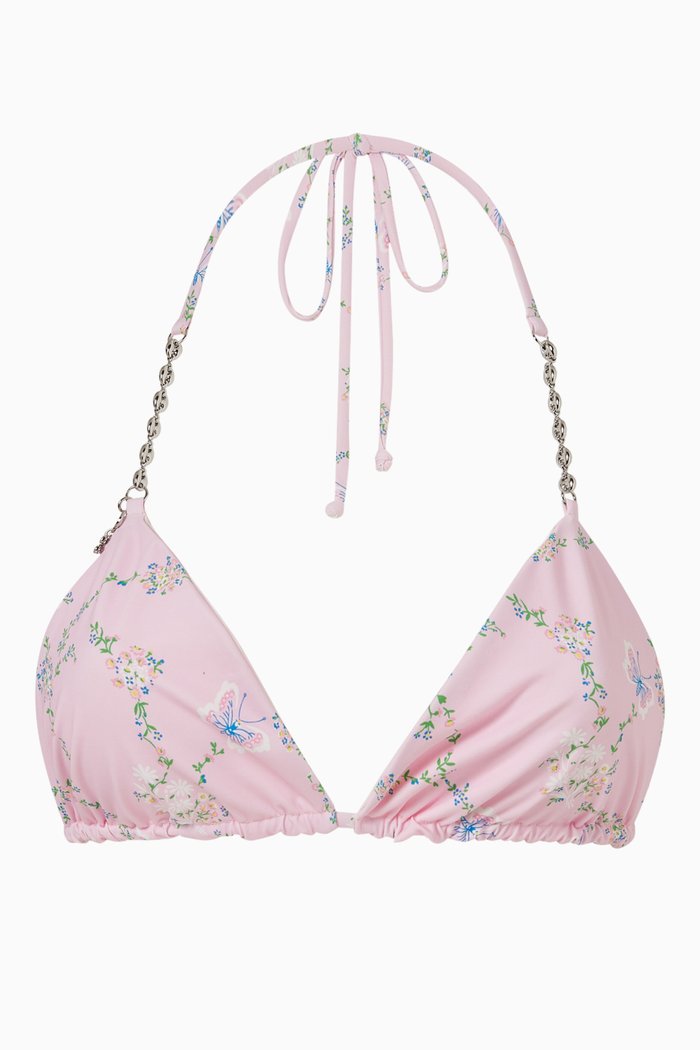 

Tia Floral Chain Bikini Top in Stretch Nylon, Pink