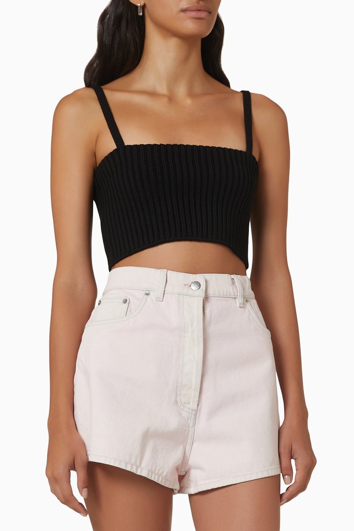 

Triangle Logo Patch Crop Top in Wool Rib-knit, Black
