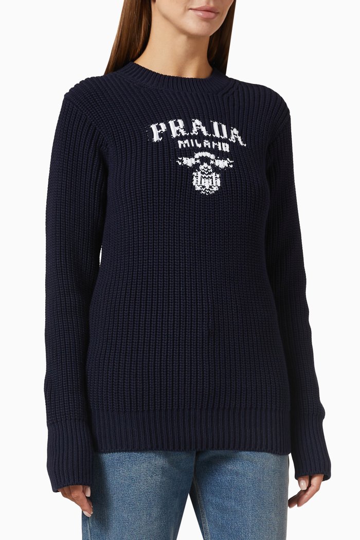 Intarsia-logo Crewneck Sweater in Cotton-knit, Blue