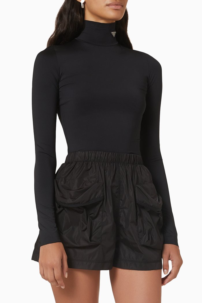

Triangle Logo High Neck Top in Stretch Jersey, Black