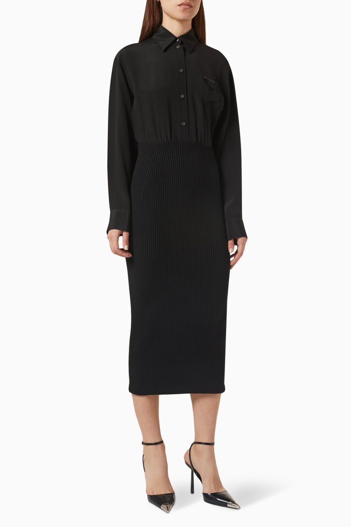 

Shirt Dress in Silk Satin & Rib-knit, Black