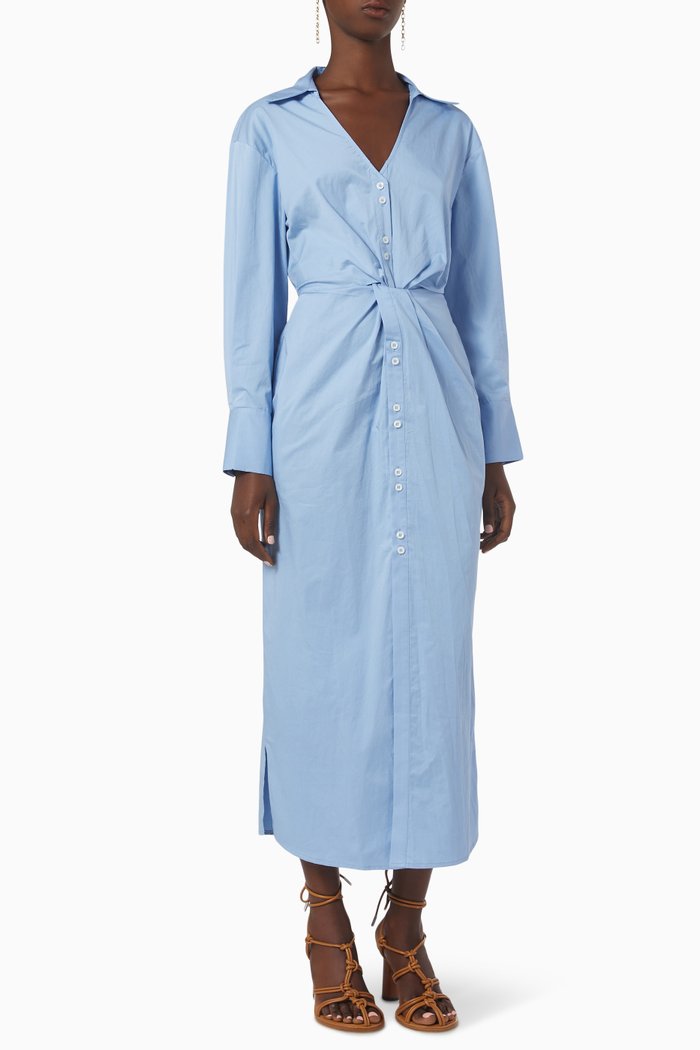 

Jade Twist Midi Shirt Dress in Cotton Poplin, Blue