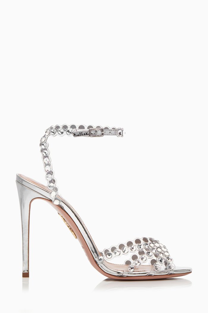 

Tequila 105mm Heel Sandals in Plexi & Metallic Leather, Silver