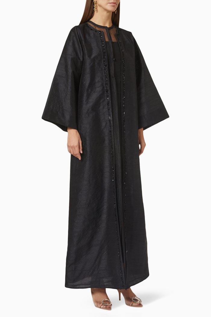 

Long Sleeve Abaya in Raw Silk, Black