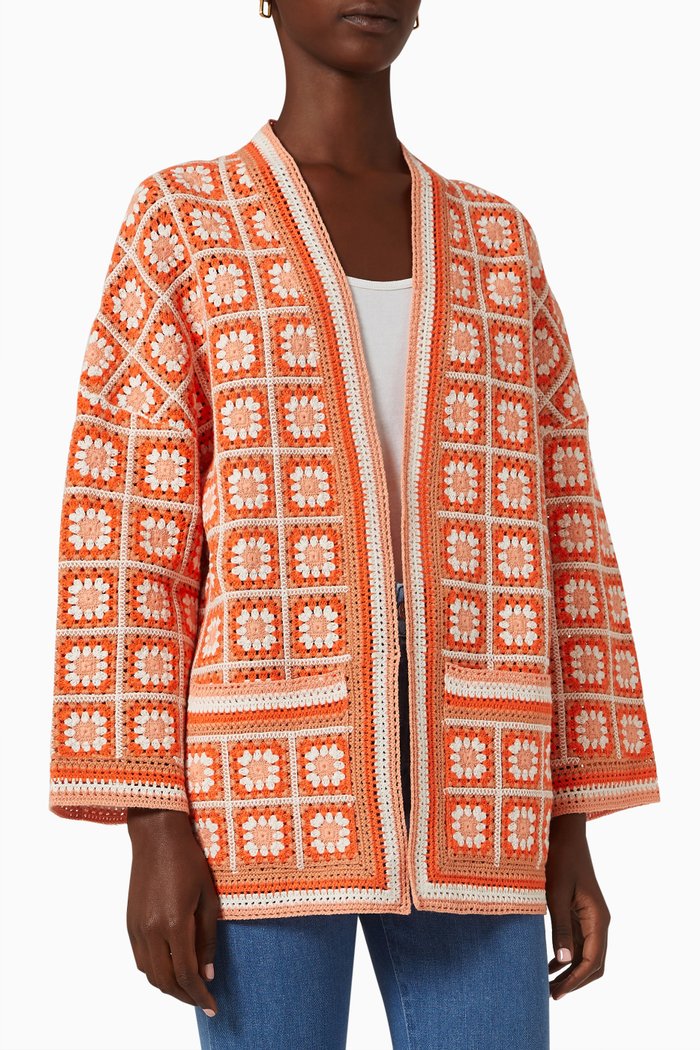 

Mathiou Crochet Cardigan in Cotton Knit, Orange
