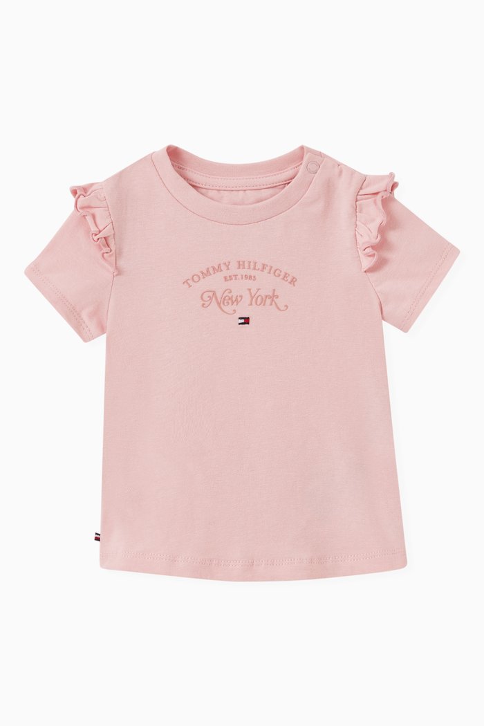 

Frilled Sleeve T-shirt in Cotton, Pink
