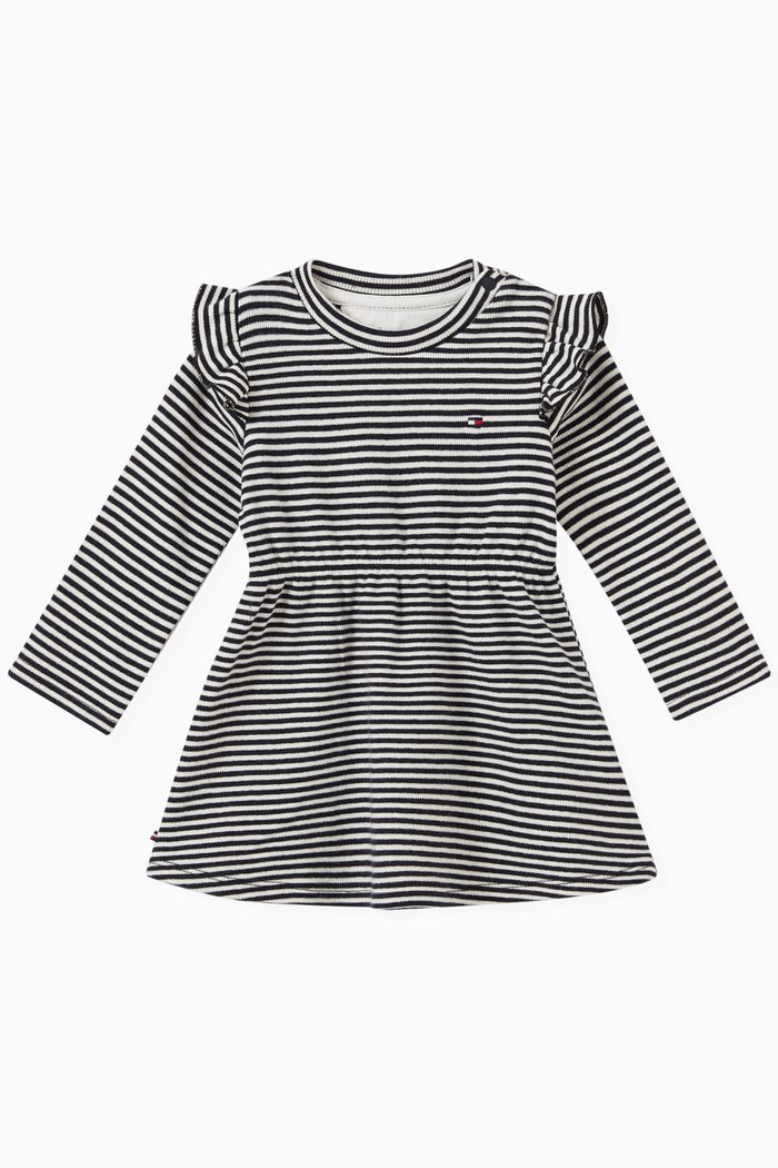 

Striped Ruffle Dress in Cotton, Black