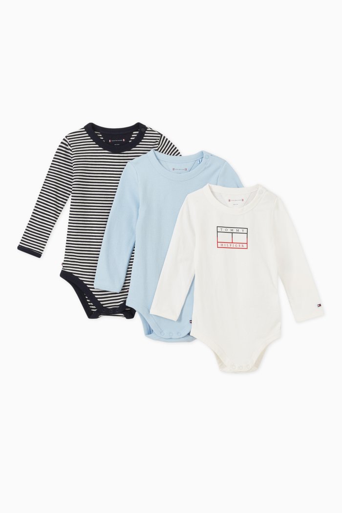 

Long Sleeve Bodysuit in Cotton, Set of 3, Blue