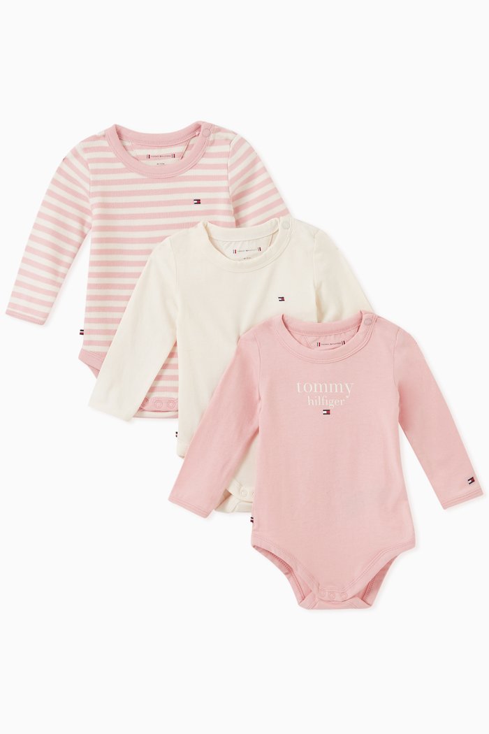 Logo Bodysuit in Cotton, Set of 3, Pink