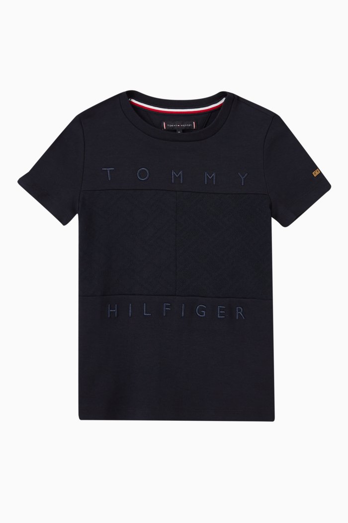 

Textured Flag Print Panel T-Shirt in Cotton, Blue
