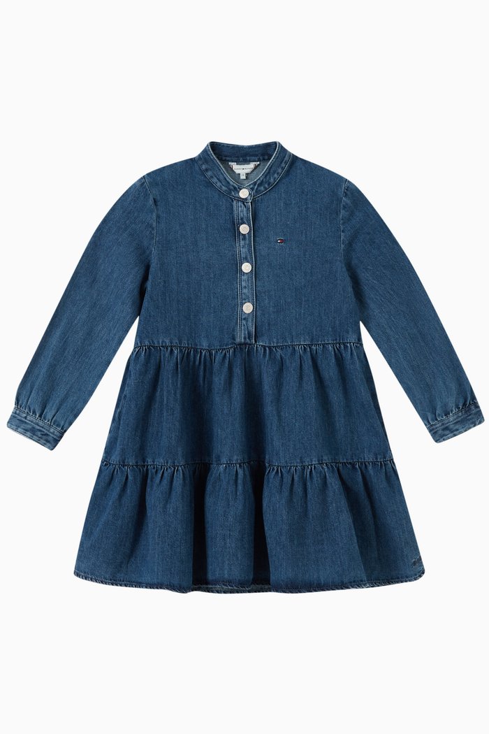 

Tiered Hem Dress in Hemp Denim, Blue