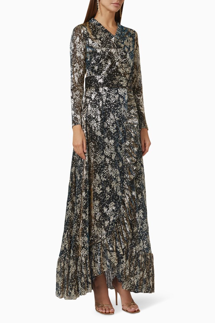 

Metallic Wrap-front Maxi Dress, Blue
