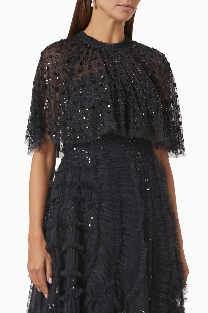 

Violet Shimmer Sequin Short Cape in Tulle, Black