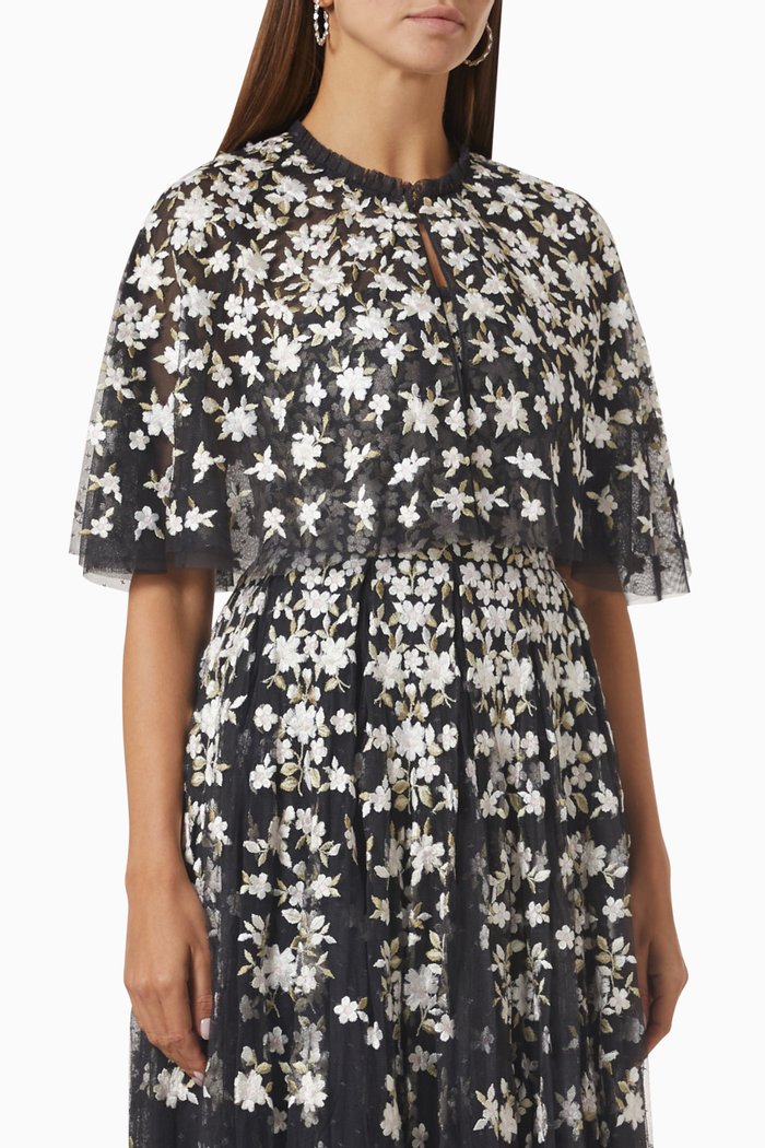 

Camelia Ditsy Sequin Short Cape in Tulle, Black