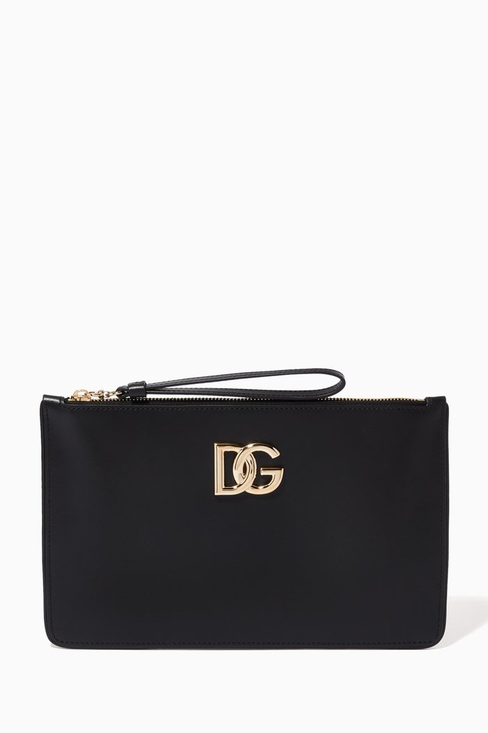 DG Logo Wristlet Pouch in Calfskin Leather, Black