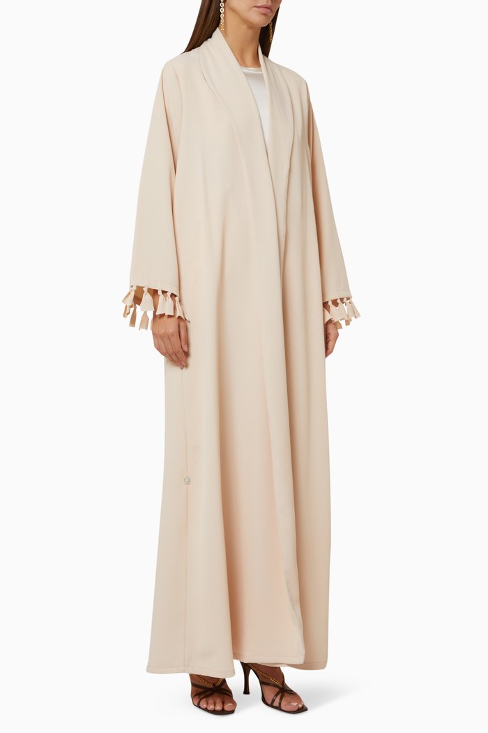 

Knotted Fringe Cuff Abaya in Twill, Neutral