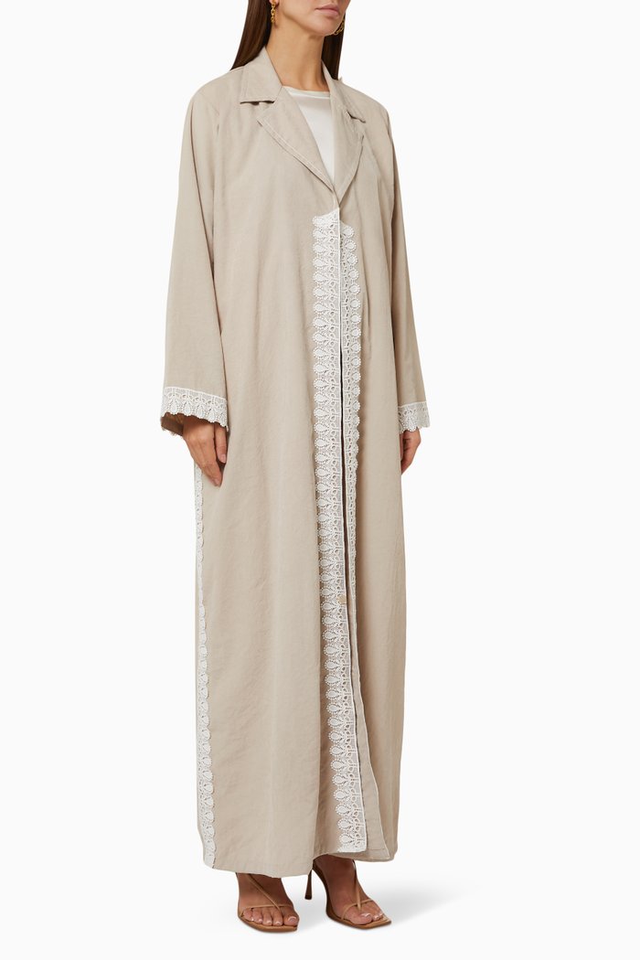 

Lace Trim Collared Abaya in Suede, Neutral