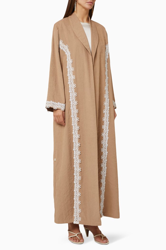 

Lace Trim Collared Abaya in Suede, Multicolour