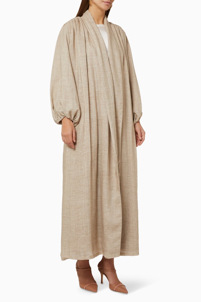 

Balloon Sleeve Pleated Abaya in Textured Linen, Neutral