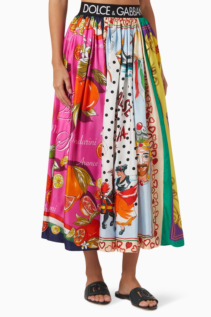 

Mixed Panels Print Midi Skirt in Silk Twill, Multicolour