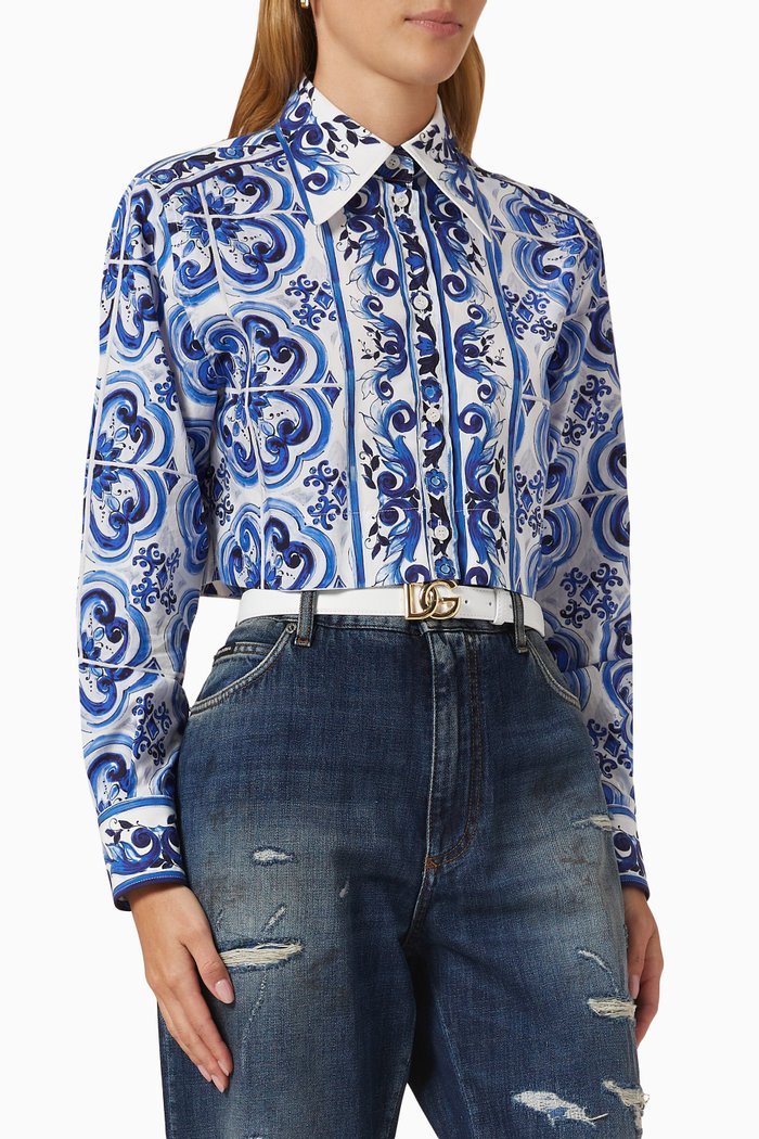 

Majolica Print Crop Shirt in Poplin, Blue