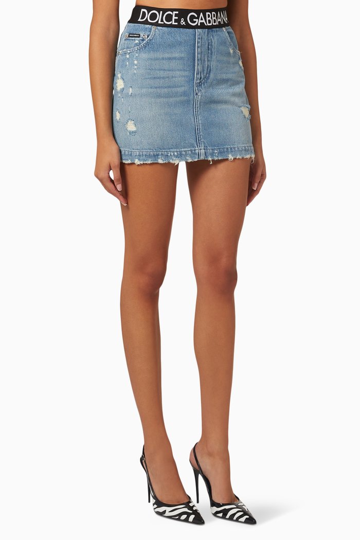 

Logo Band Distressed Mini Skirt in Denim, Blue