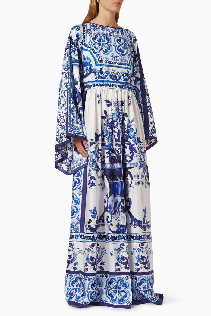 

Majolica Print Split Maxi Dress in Silk Twill, Blue