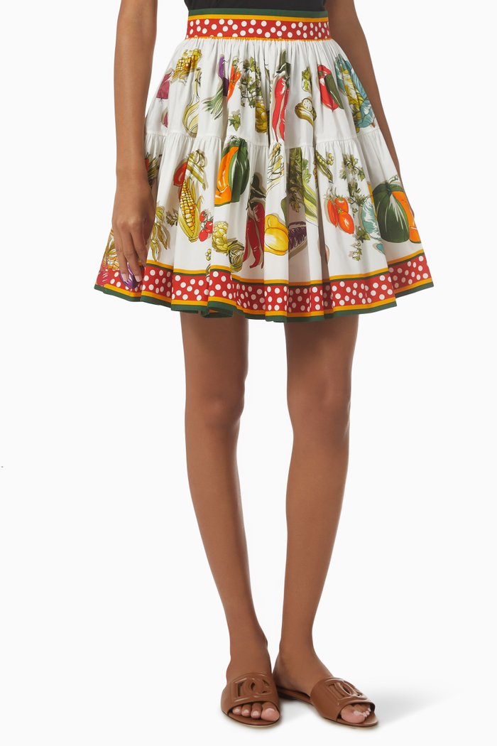 Mini Circle Vegetable Print Skirt in Cotton Poplin, Multicolour