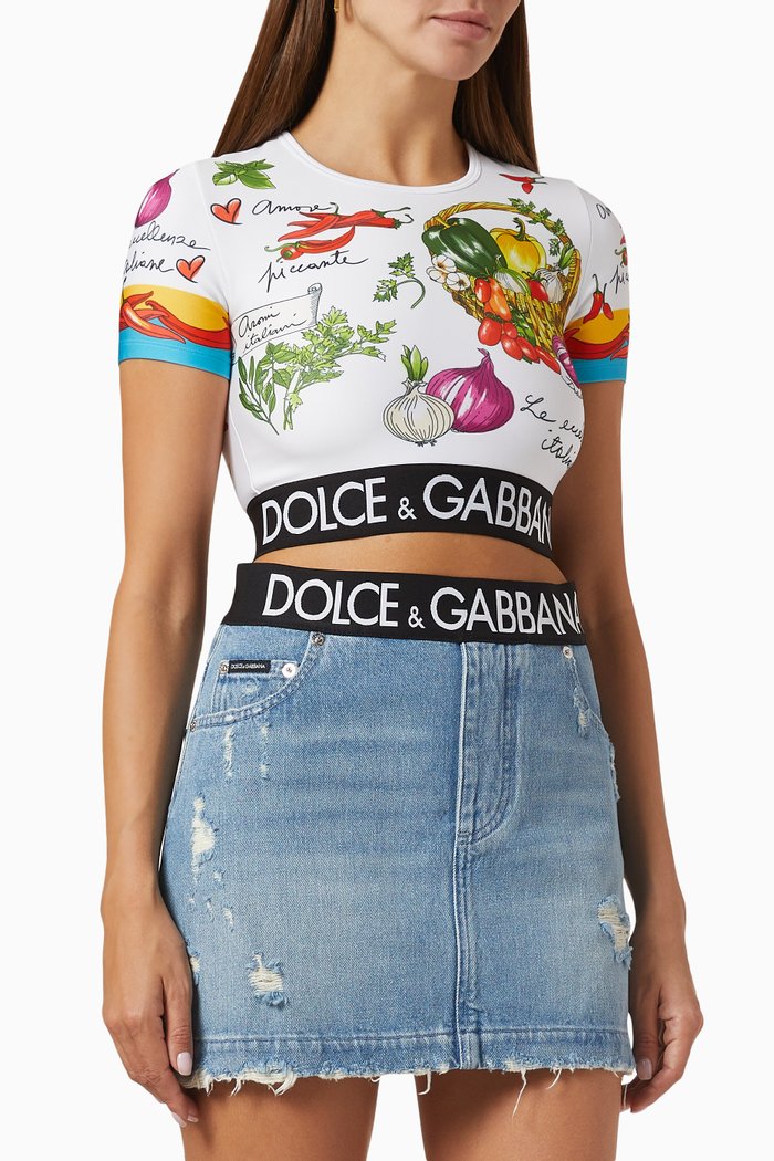 

Vegetable-print & Logo-tape Crop Top in Jersey, Multicolour