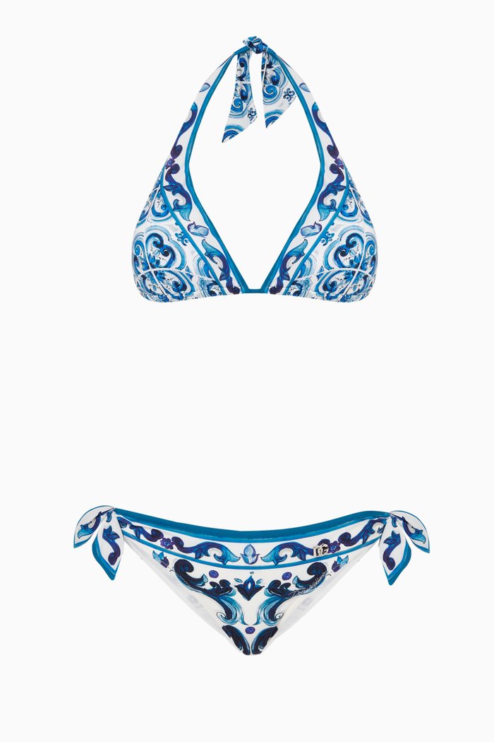 Majolica-print Triangle Bikini Set in Stretch Nylon, Blue