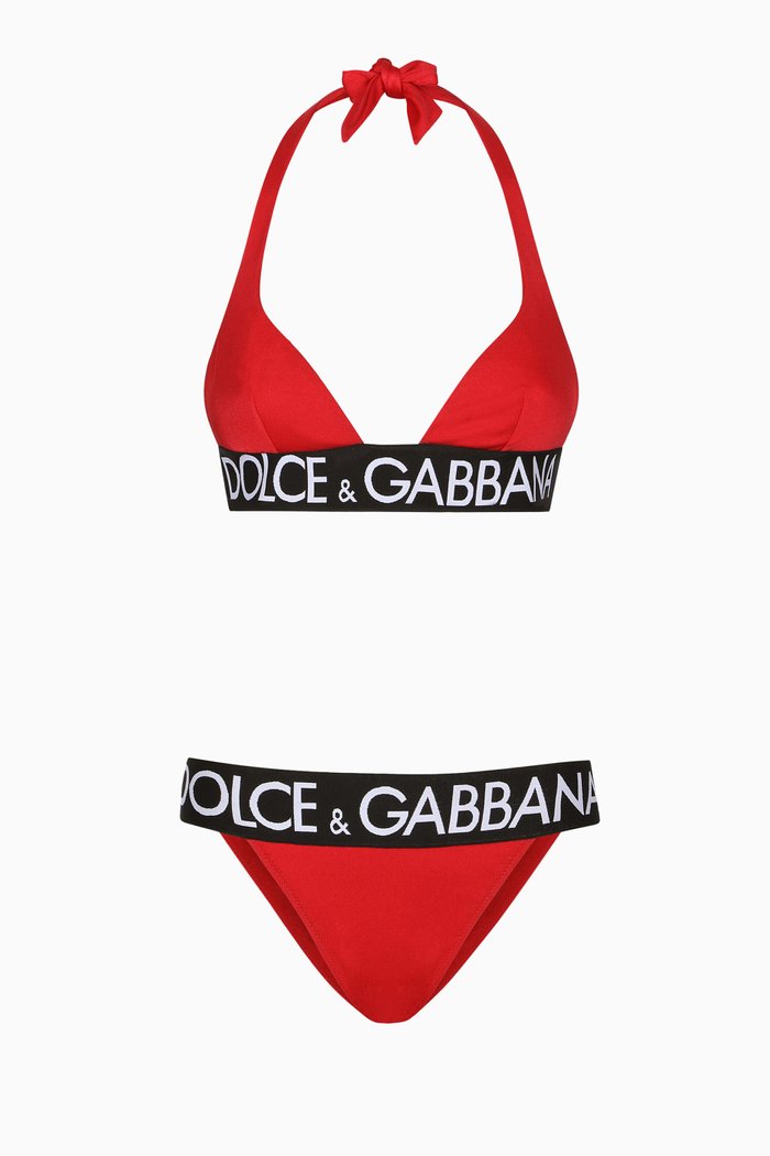 

Triangle Logo Tape Bikini Set in Stretch Nylon, Red