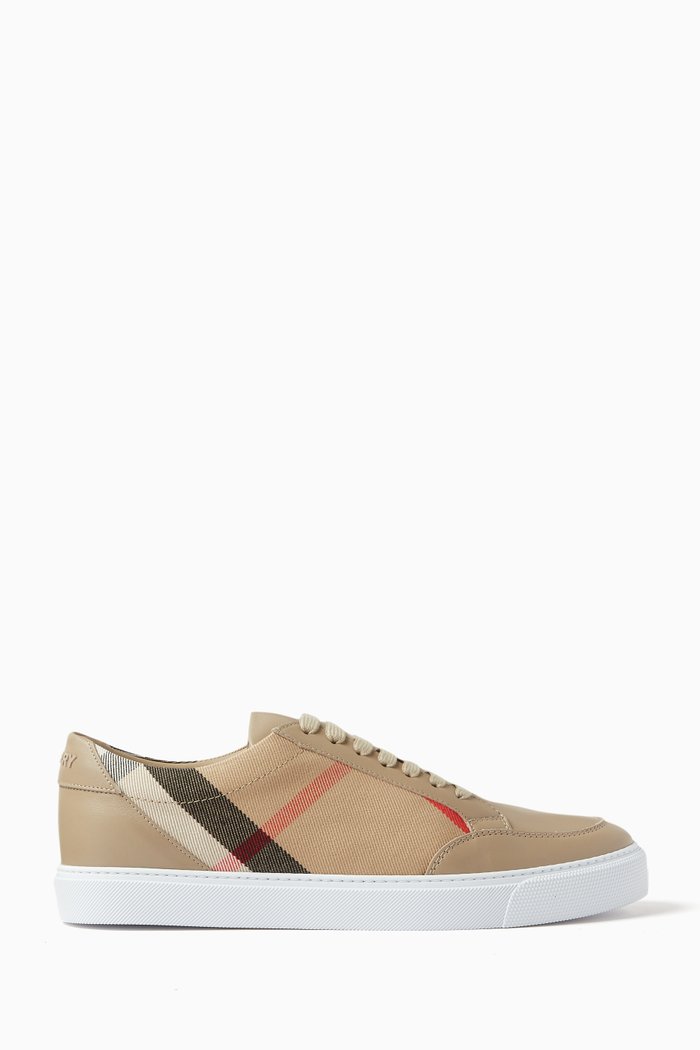 

New Salmond Low-top Sneakers in Leather & Cotton Canvas, Brown