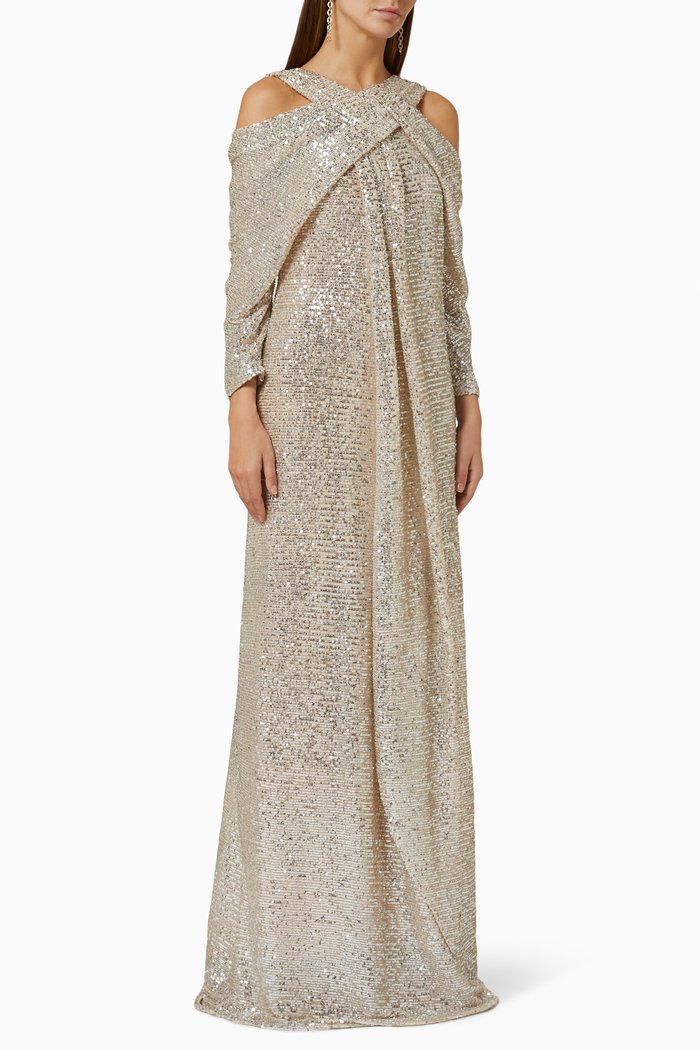 

Rianna Draped Maxi Dress in Sequin Knit, Silver