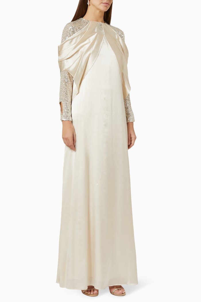 

Reema Sequin Sleeve Draped Maxi Dress in Silk, Neutral