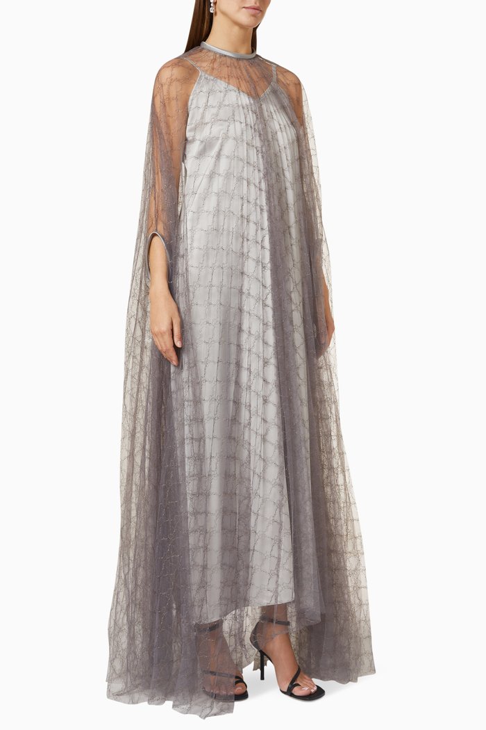

Saasha Pleated Cape Dress in Lace & Silk, Grey