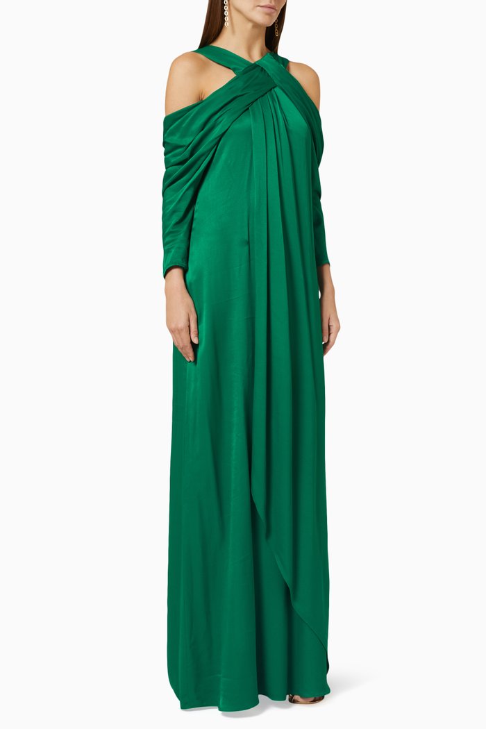 

Aasha Off Shoulder Maxi Dress in Silk, Green