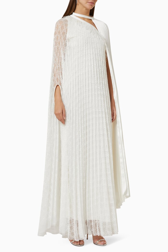

Pleated Cape Maxi Dress in Lace & Crepe, White