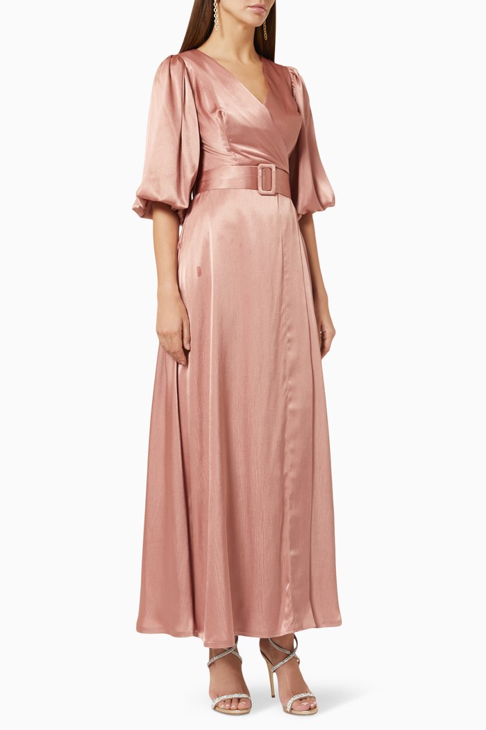 

Belted Puff Sleeve Maxi Dress in Satin, Brown