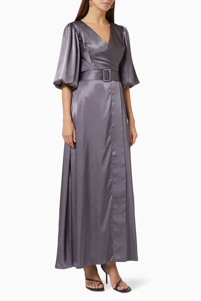 

Belted Puff Sleeve Maxi Dress in Satin, Grey