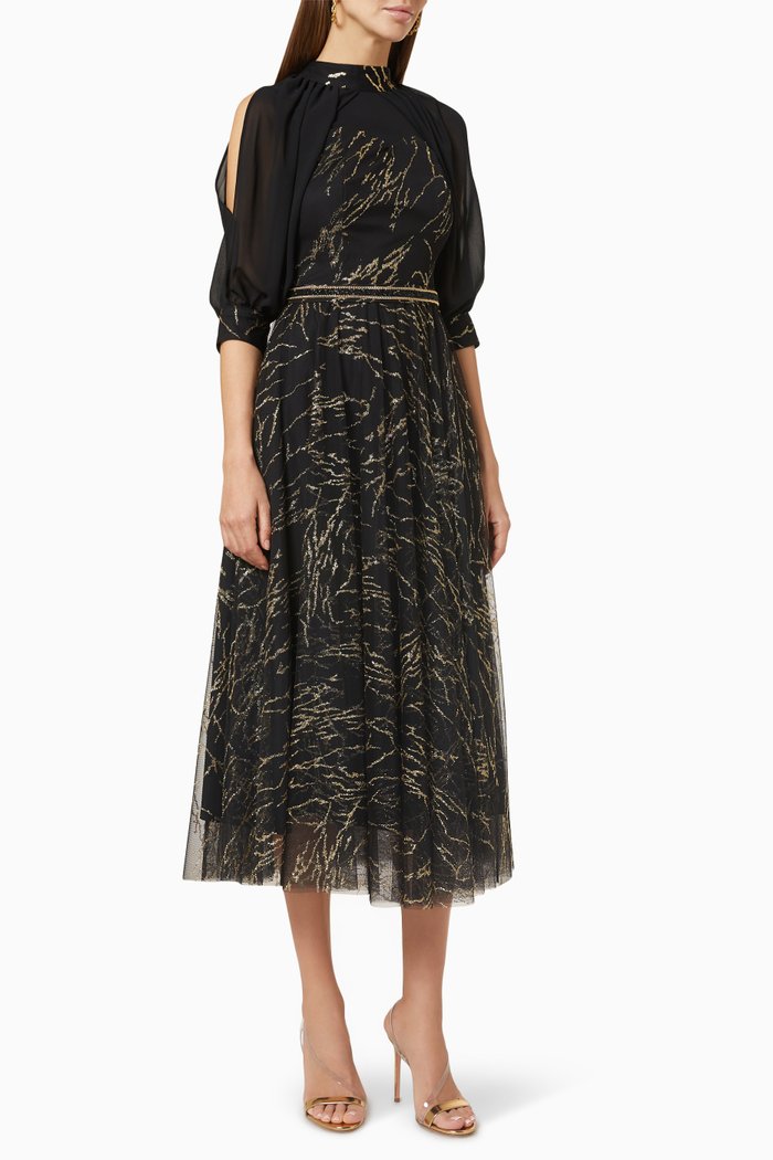 

High Neck Midi Dress in Tulle, Black