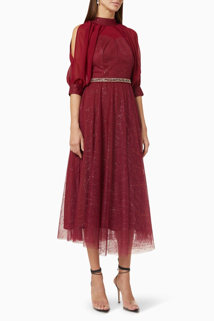

High Neck Midi Dress in Tulle, Red