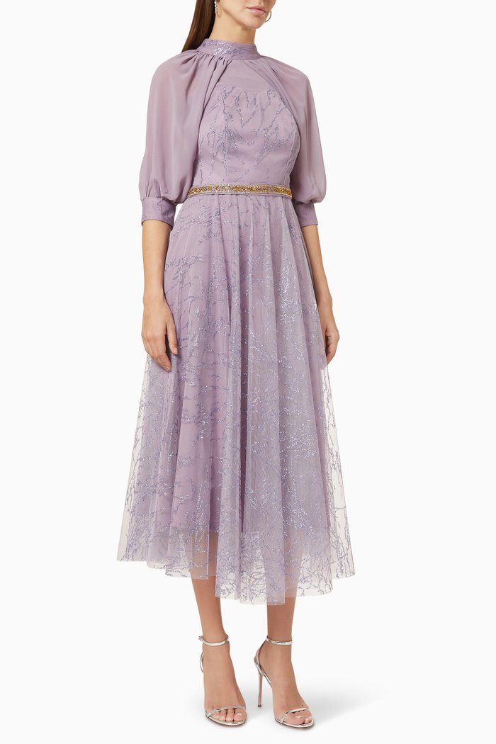 

High Neck Midi Dress in Tulle, Purple