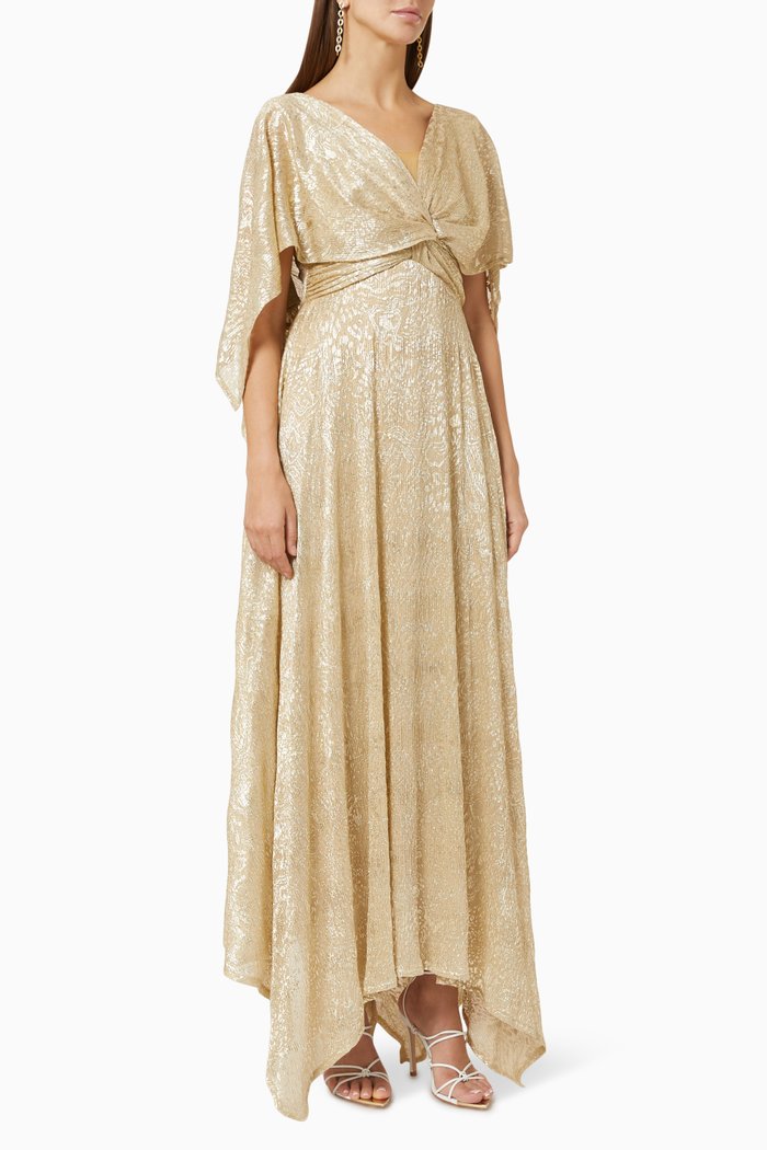 

Cape Sleeve Maxi Dress in Lurex Crepe, Gold